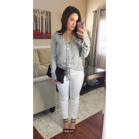 LAST ONE! White & Grey Striped Lace Up Top - Picture 2 of 3